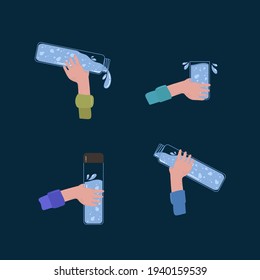 Ein Mann mit Trinkwasserflaschen. Das Konzept von Menschen, die eine Plastikflasche halten, einen Glasschlamm Wasser. Vektorsatz von Illustrationen mit Flachstil 