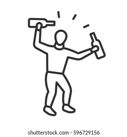 The man with the bottles is having fun. A drunken human is screams