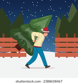 Man bought a Christmas tree and carrying a Santa Claus cap outdoor