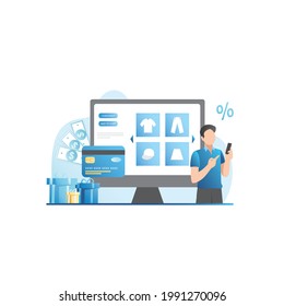 Man bought profitably goods, things in online store at discount, for promotions, sale on computer on website. Contactless payment by credit, debit card on Internet. Guy with purchases in boxes.