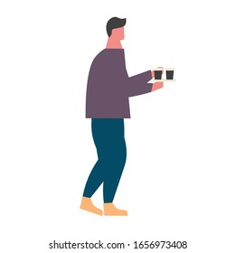 Man bought takeaway coffee. Disposable cups with hot drink. Flat vector illustration on white background