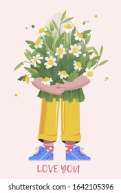 Man with a bouquet of flowers. Character with present. Congratulations happy birthday, International Women's Day on March 8. Vector illustration in a flat style