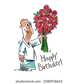 Man with a bouquet of flowers, congratulations, birthday. Vector illustration for graphic design.