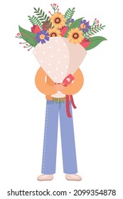 Man with a bouquet of flowers. Congratulations happy birthday, Valentine's Day and International Women's Day. Flat vector illustration on a white background