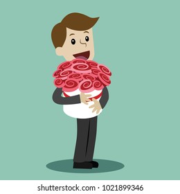 Man with a bouquet of flowers. Happy Valentains Day. Happy March 8 International Womens Day. Birhday gift. Element for greeting card