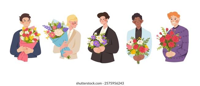 Man with bouquet of flowers. Man holding flowers. Gift for Women's Day, lovers, spring flowers. Vector elements for greeting card