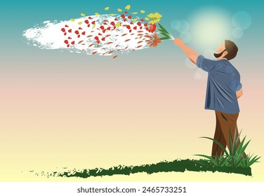 a man with a bouquet of flowers looks into the sky petals fly in the wind