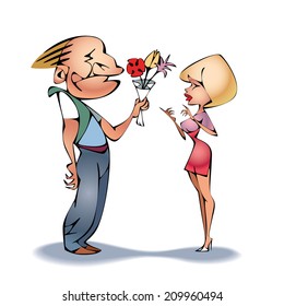 Man with bouquet to lady