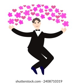 A man with a bouquet of pink flowers.