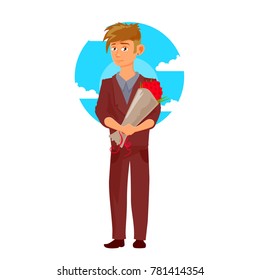 Man with bouquet of rose or something else flowers, cartoon flat boy with sky and clouds on the back, vector illustration isolated on white background