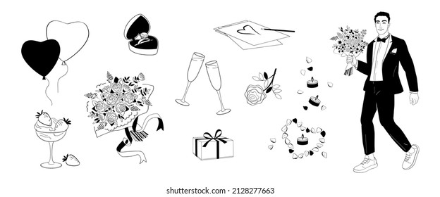 Man with Bouquet, set elements about romantic dating and marriage proposal.Champagne glasses, gift box, balloons, diamond, rose flowers, strawberries.Black outline on white background 
