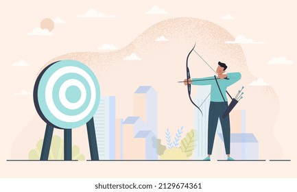 Man with Bow Archery and Target abstract concept. Athlete participates in competition and wins. Target shooting equipment. Sharpness, accuracy and skills. Cartoon contemporary flat vector illustration