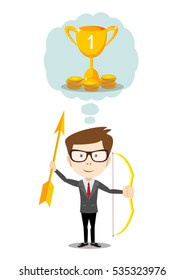 man with a bow and arrow dreaming about gold trophy goblet. Stock vector illustration