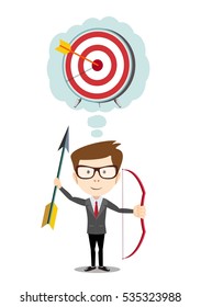 man with a bow and arrow dreaming about target.. Stock vector illustration