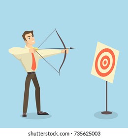 Man with bow, arrow and target. Businesswoman archer targeting in center.