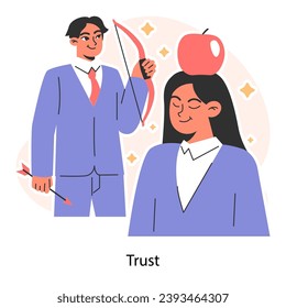 Un hombre con arco muestra la confianza, apuntando cerca de una mujer con una manzana en la cabeza. Los socios de confianza mutua. Colaboración y alianza. Ilustración vectorial plana