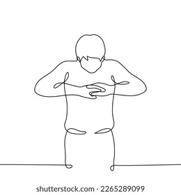 man in a bow with straight palms folded on top of each other, an everyday respectful greeting in Asian culture - one line drawing vector. concept of greet with respect