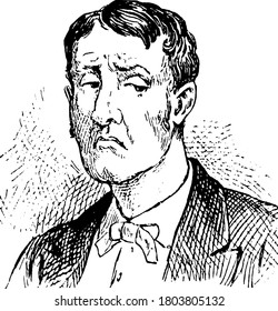Man, with bow tie expressing peevishness, vintage line drawing or engraving illustration.