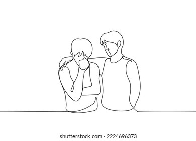 man bowed his head and is sad, and his friend comforts him by embracing his shoulder - one line drawing vector. concept emotional support, friendly support, comfort, empathy