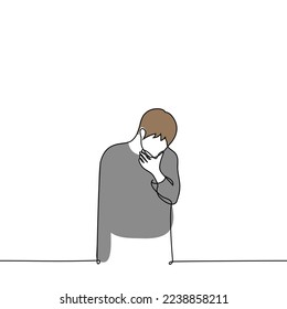 man bowed his head scratching his chin - one line drawing vector. concept mental stress, reflection, reflection, doubt
