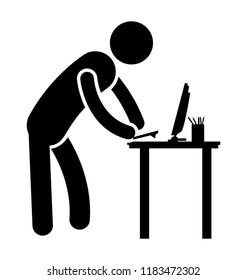 Man bowed on a table pretending to use computer, offering computer tutor 