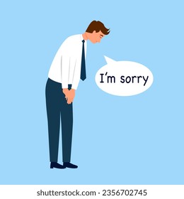 Man bowing head and saying I’m sorry in flat design. Apologize.