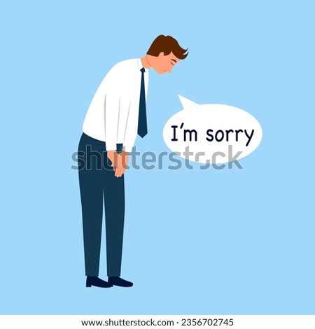 Man bowing head and saying I’m sorry in flat design. Apologize.
