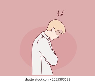 A man bowing his head in anger. Hand drawn style vector design illustrations.