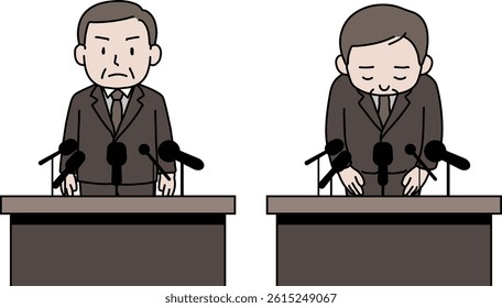 A man bowing his head at a press conference, press release, or apology conference