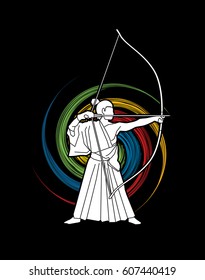 Man bowing Kyudo designed on spin wheel background graphic vector.