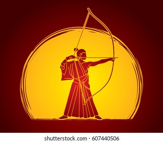 Man bowing Kyudo designed on moonlight background graphic vector.