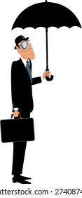 Man in a bowler hat and suit, holding a briefcase, standing under an umbrella, vector character, isolated on white, no transparencies, EPS 8