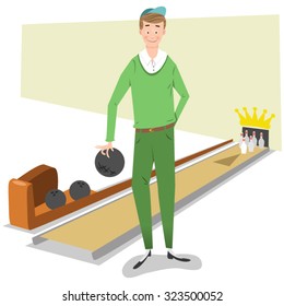 Man with bowling ball at bowling alley (Fifties retro style)