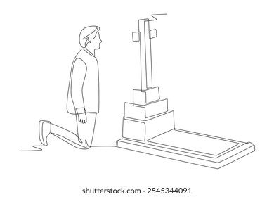 Man bows during grave pilgrimage. Funeral concept one-line drawing