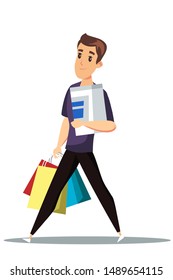 Man with box and bags vector illustration. Cartoon character shopping in mall isolated design element. Consumer buying goods. Technology product