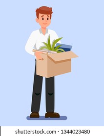 Man with Box of Belongings Vector Illustration. Employee Got Fired Flat Clipart. Dismissal. Office Worker Lost Job. Upset, Frustrated Cartoon Character. Unemployed, Jobless Young Guy