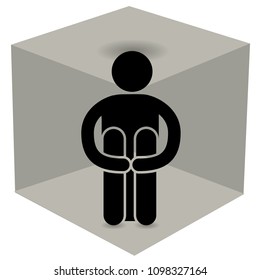 Man in a box. claustrophobia. Fear of closed spaces. Vector illustration, isolated on white background. Locked in small place. Logo. 