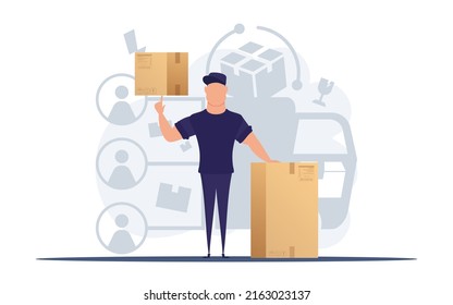 Man with a box. Delivery concept. Good for presentations, websites and apps. Vector illustration.