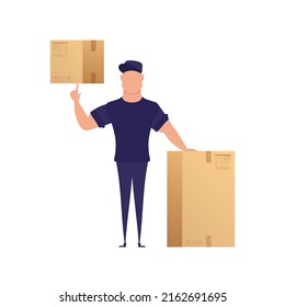 Hombre con una caja. Concepto de entrega. Aislado. Ilustración vectorial.