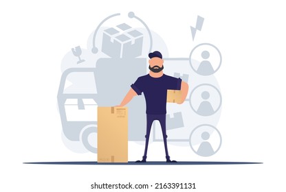 Hombre con una caja. Concepto de entrega. Ilustración de tendencia plana. Vector.