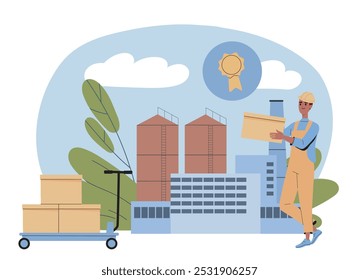 Hombre en la fábrica de cajas. Joven en uniforme con cajas de cartón en sus manos. Distribución en almacén o fábrica. Envío y logística. Ilustración vectorial plana aislada sobre fondo blanco