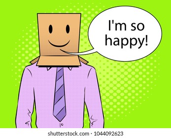 Man with box happy emoji smile on head pop art retro vector illustration. Text bubble. Color background. Comic book style imitation.
