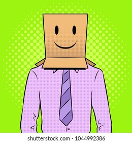 Man with box happy emoji smile on head pop art retro vector illustration. Color background. Comic book style imitation.