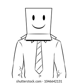 Man with box happy emoji smile on head coloring vector illustration. Isolated image on white background. Comic book style imitation.