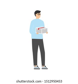 Man with a box in his hands. Flat cartoon character isolated on white background