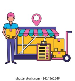 man with box laptop map location clock clipboard fast delivery vector illustration