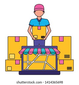 man with box laptop map location fast delivery vector illustration
