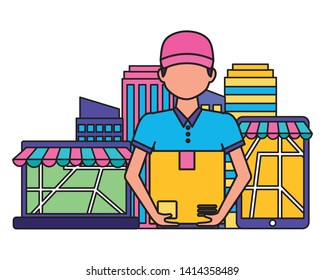 man with box laptop smartphone map navigation city fast delivery vector illustration