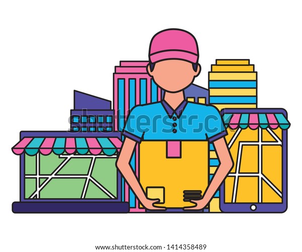 man with box laptop smartphone map\
navigation city fast delivery vector\
illustration