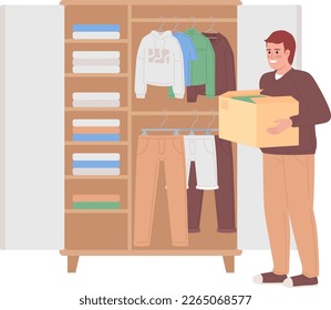 Man with box near open bedroom closet semi flat color vector character. Editable figure. Full body person on white. Simple cartoon style spot illustration for web graphic design and animation